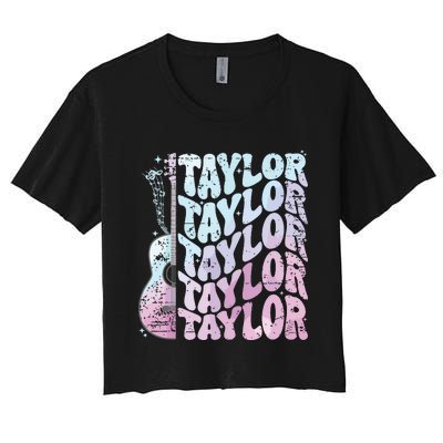 Girl Retro Taylor First Name Personalized Groovy 80s Pink Women's Crop Top Tee