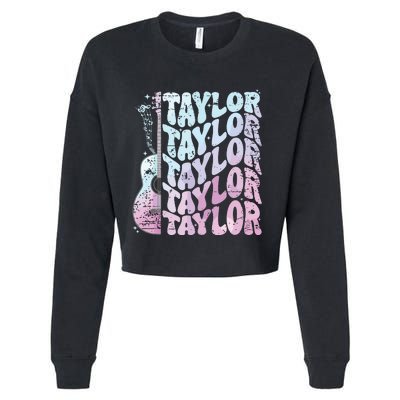 Girl Retro Taylor First Name Personalized Groovy 80s Pink Cropped Pullover Crew