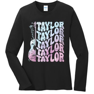 Girl Retro Taylor First Name Personalized Groovy 80s Pink Ladies Long Sleeve Shirt