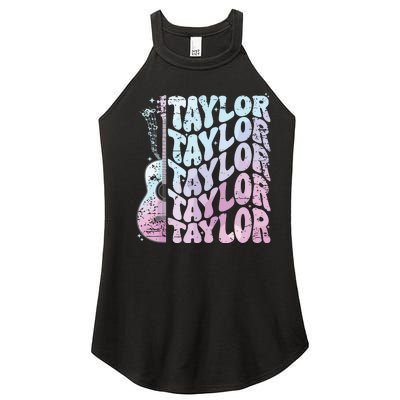 Girl Retro Taylor First Name Personalized Groovy 80s Pink Women's Perfect Tri Rocker Tank