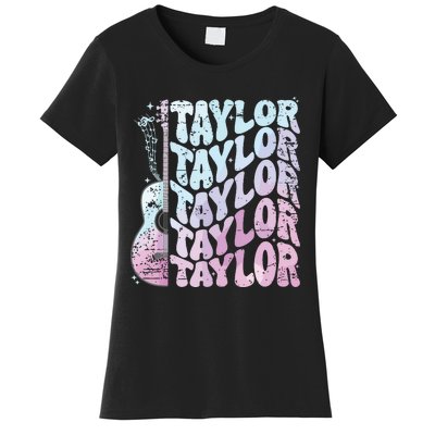 Girl Retro Taylor First Name Personalized Groovy 80s Pink Women's T-Shirt