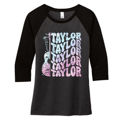 Girl Retro Taylor First Name Personalized Groovy 80s Pink Women's Tri-Blend 3/4-Sleeve Raglan Shirt