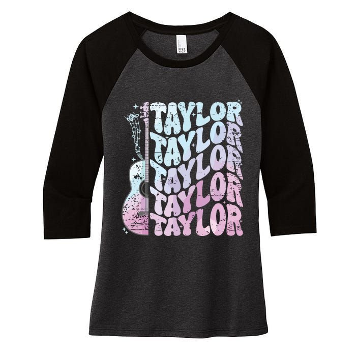 Girl Retro Taylor First Name Personalized Groovy 80s Pink Women's Tri-Blend 3/4-Sleeve Raglan Shirt