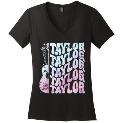 Girl Retro Taylor First Name Personalized Groovy 80s Pink Women's V-Neck T-Shirt