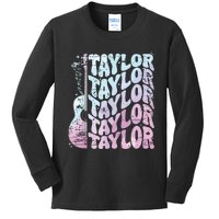 Girl Retro Taylor First Name Personalized Groovy 80s Pink Kids Long Sleeve Shirt