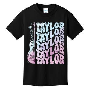 Girl Retro Taylor First Name Personalized Groovy 80s Pink Kids T-Shirt