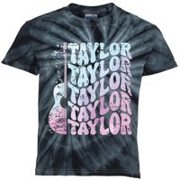 Girl Retro Taylor First Name Personalized Groovy 80s Pink Kids Tie-Dye T-Shirt