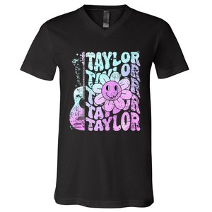 Girl Retro Taylor First Name Personalized V-Neck T-Shirt