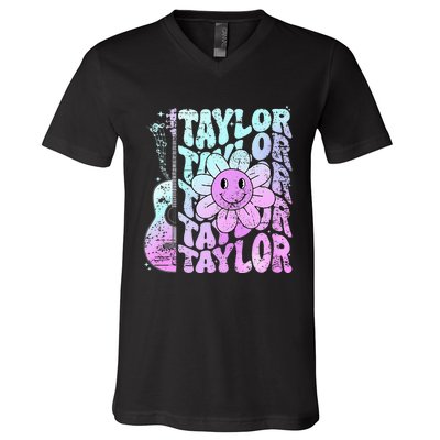 Girl Retro Taylor First Name Personalized V-Neck T-Shirt