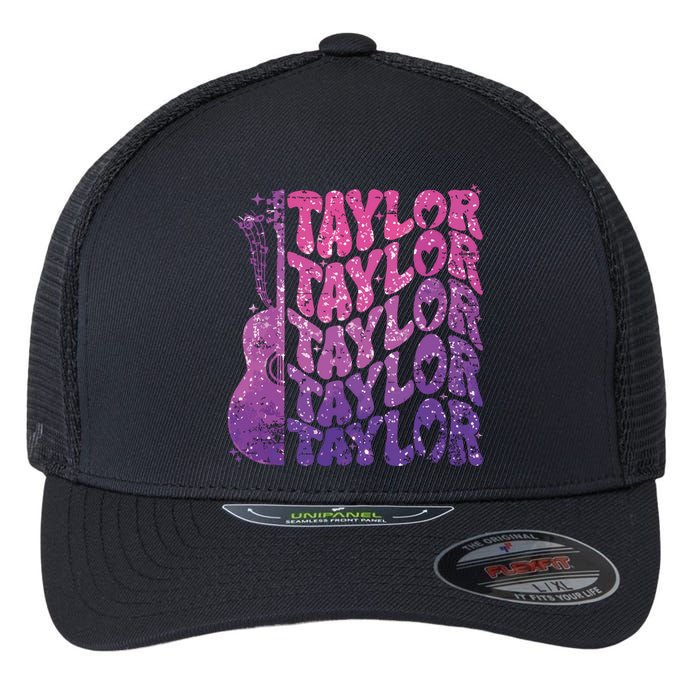 Girl Retro Taylor First Name Personalized Groovy 70s 80s Flexfit Unipanel Trucker Cap