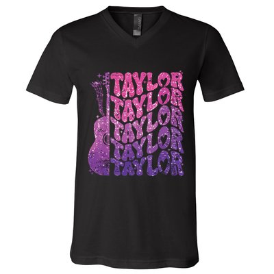 Girl Retro Taylor First Name Personalized Groovy 70s 80s V-Neck T-Shirt