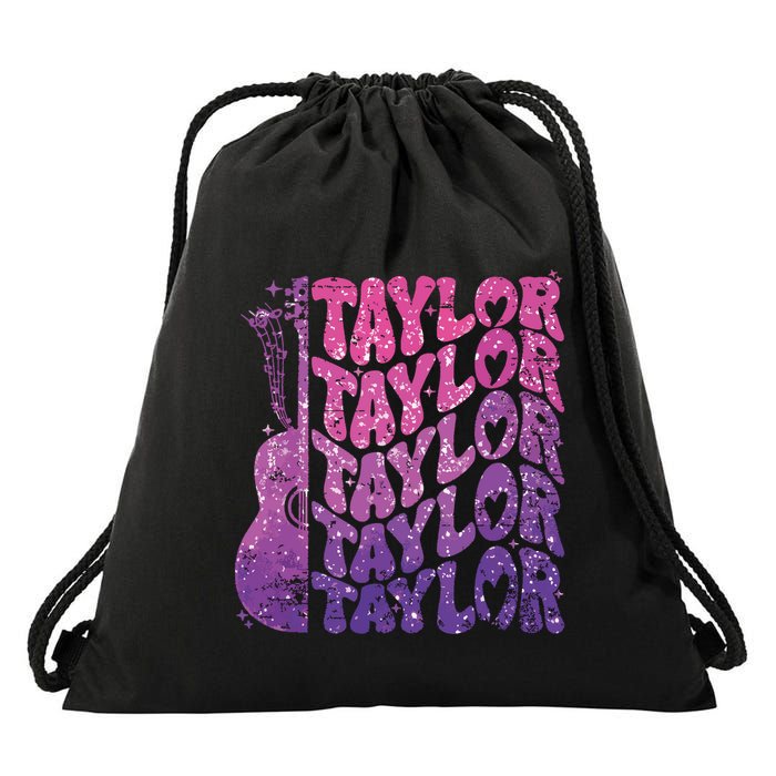 Girl Retro Taylor First Name Personalized Groovy 70s 80s Drawstring Bag