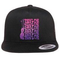 Girl Retro Taylor First Name Personalized Groovy 70s 80s Flat Bill Trucker Hat