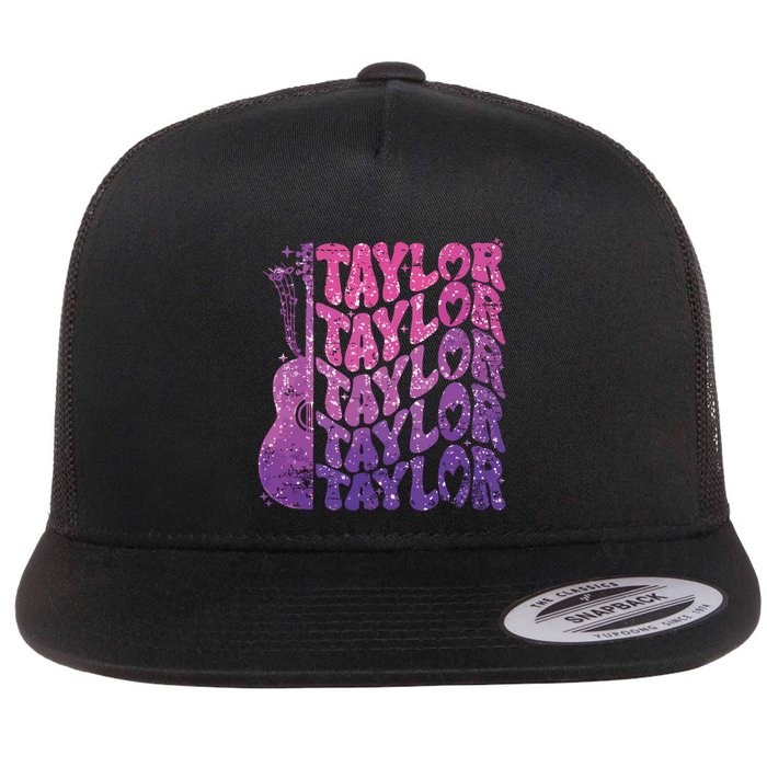 Girl Retro Taylor First Name Personalized Groovy 70s 80s Flat Bill Trucker Hat