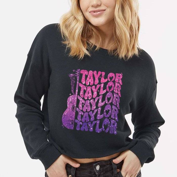 Girl Retro Taylor First Name Personalized Groovy 70s 80s Cropped Pullover Crew