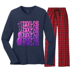 Girl Retro TâYlor First Name Personalized Groovy 80S Pink Women's Long Sleeve Flannel Pajama Set 