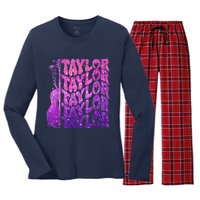 Girl Retro TâYlor First Name Personalized Groovy 80S Pink Women's Long Sleeve Flannel Pajama Set 