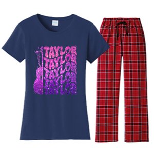 Girl Retro TâYlor First Name Personalized Groovy 80S Pink Women's Flannel Pajama Set