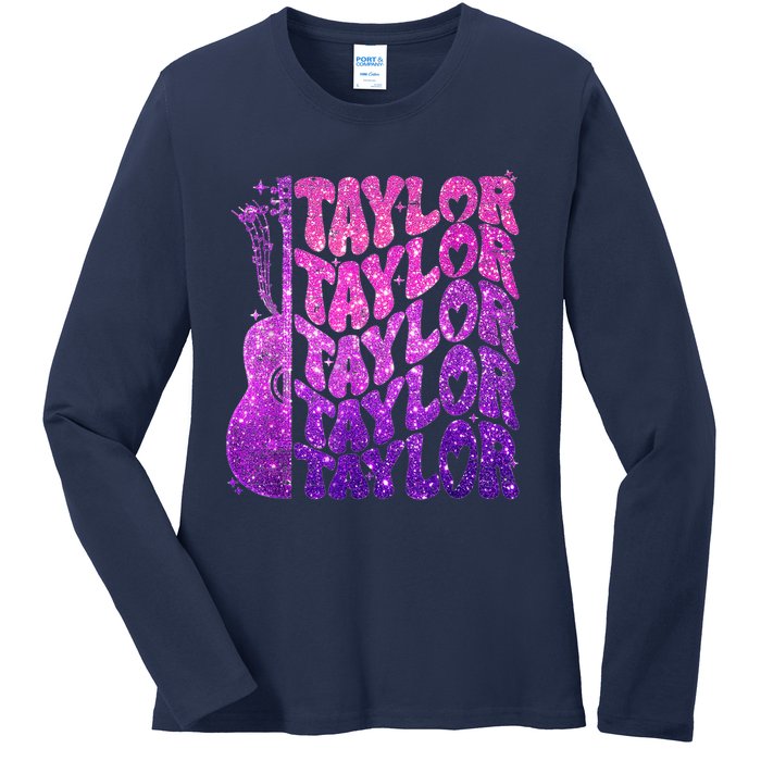 Girl Retro TâYlor First Name Personalized Groovy 80S Pink Ladies Long Sleeve Shirt