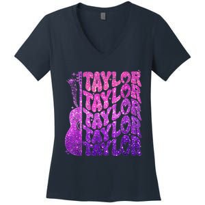 Girl Retro TâYlor First Name Personalized Groovy 80S Pink Women's V-Neck T-Shirt