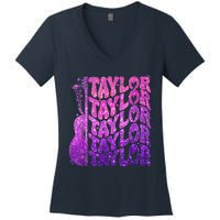 Girl Retro TâYlor First Name Personalized Groovy 80S Pink Women's V-Neck T-Shirt