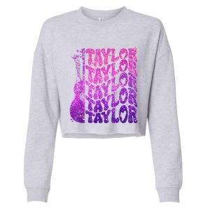 Girl Retro TâYlor First Name Personalized Groovy 80S Pink Cropped Pullover Crew