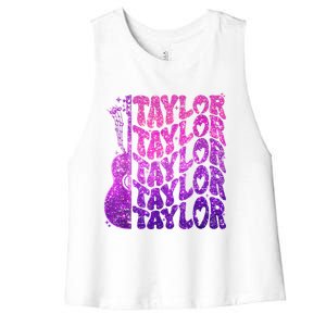 Girl Retro TâYlor First Name Personalized Groovy 80S Pink Women's Racerback Cropped Tank