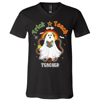 Groovy Retro Teacher Halloween Trick or Teach for professor V-Neck T-Shirt