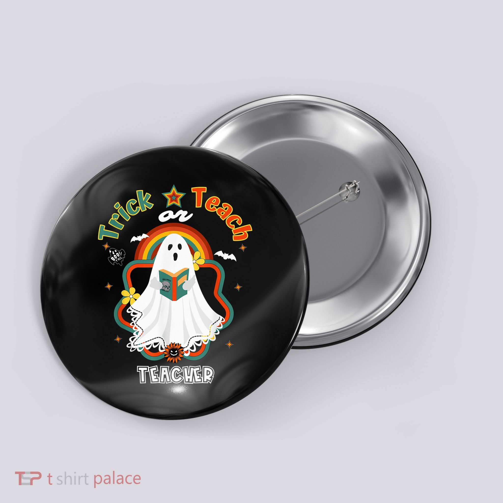 Groovy Retro Teacher Halloween Trick or Teach for professor Button