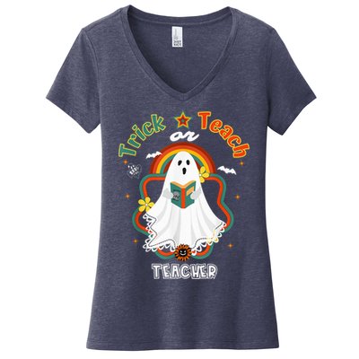 Groovy Retro Teacher Halloween Trick or Teach for professor Women's V-Neck T-Shirt