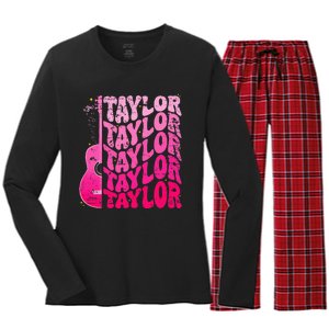 Girl Retro Taylor First Name Personalized Groovy 80S Pink Women's Long Sleeve Flannel Pajama Set 