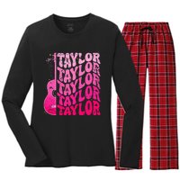 Girl Retro Taylor First Name Personalized Groovy 80S Pink Women's Long Sleeve Flannel Pajama Set 