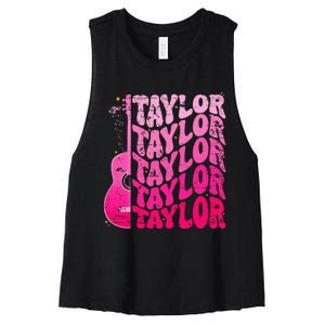 Girl Retro Taylor First Name Personalized Groovy 80S Pink Women's Racerback Cropped Tank