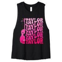 Girl Retro Taylor First Name Personalized Groovy 80S Pink Women's Racerback Cropped Tank