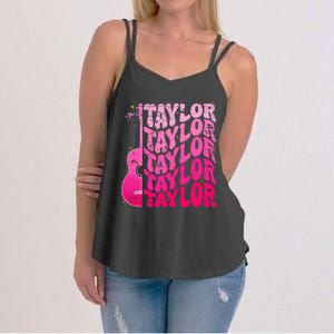 Girl Retro Taylor First Name Personalized Groovy 80S Pink Women's Strappy Tank