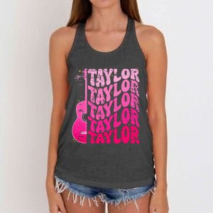 Girl Retro Taylor First Name Personalized Groovy 80S Pink Women's Knotted Racerback Tank