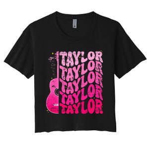 Girl Retro Taylor First Name Personalized Groovy 80S Pink Women's Crop Top Tee