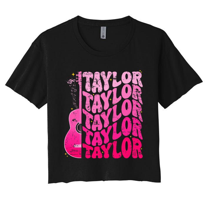 Girl Retro Taylor First Name Personalized Groovy 80S Pink Women's Crop Top Tee