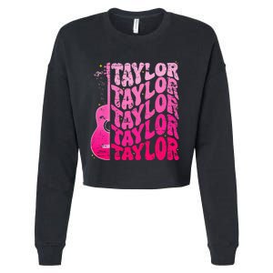 Girl Retro Taylor First Name Personalized Groovy 80S Pink Cropped Pullover Crew