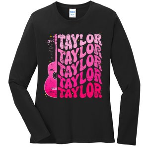 Girl Retro Taylor First Name Personalized Groovy 80S Pink Ladies Long Sleeve Shirt