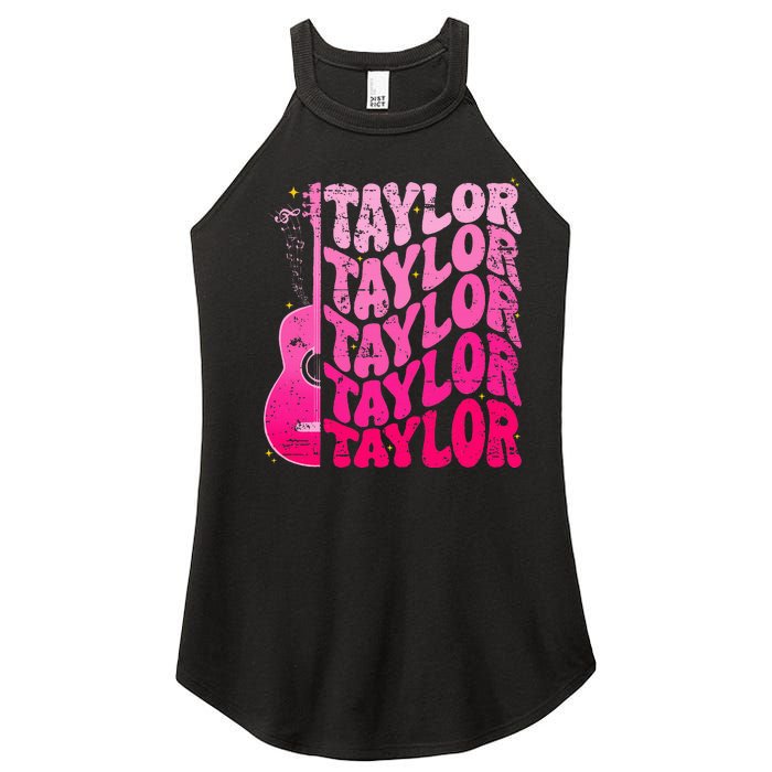 Girl Retro Taylor First Name Personalized Groovy 80S Pink Women's Perfect Tri Rocker Tank