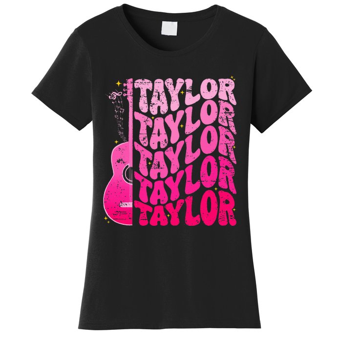 Girl Retro Taylor First Name Personalized Groovy 80S Pink Women's T-Shirt