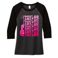 Girl Retro Taylor First Name Personalized Groovy 80S Pink Women's Tri-Blend 3/4-Sleeve Raglan Shirt