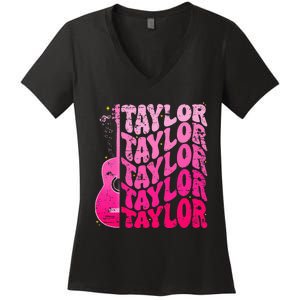 Girl Retro Taylor First Name Personalized Groovy 80S Pink Women's V-Neck T-Shirt