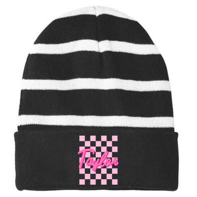 Girl Retro Taylor First Name Personalized Striped Beanie with Solid Band