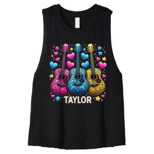 Girl Retro Taylor First Name Personalized Groovy 80s Women's Racerback Cropped Tank