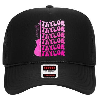 Girl Retro Taylor First Name Personalized Birthday Groovy High Crown Mesh Back Trucker Hat