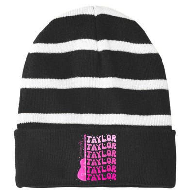 Girl Retro Taylor First Name Personalized Birthday Groovy Striped Beanie with Solid Band