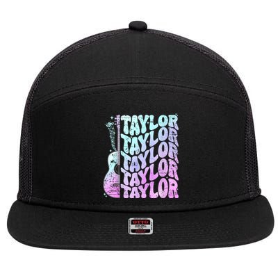 Girl Retro Taylor First Name Personalized Groovy 80S Pink 7 Panel Mesh Trucker Snapback Hat