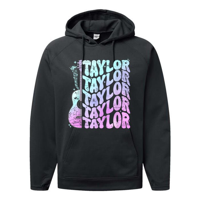 Girl Retro Taylor First Name Personalized Groovy 80S Pink Performance Fleece Hoodie